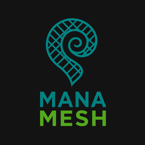 Mana Mesh logo with a stylized spiral design on a black background